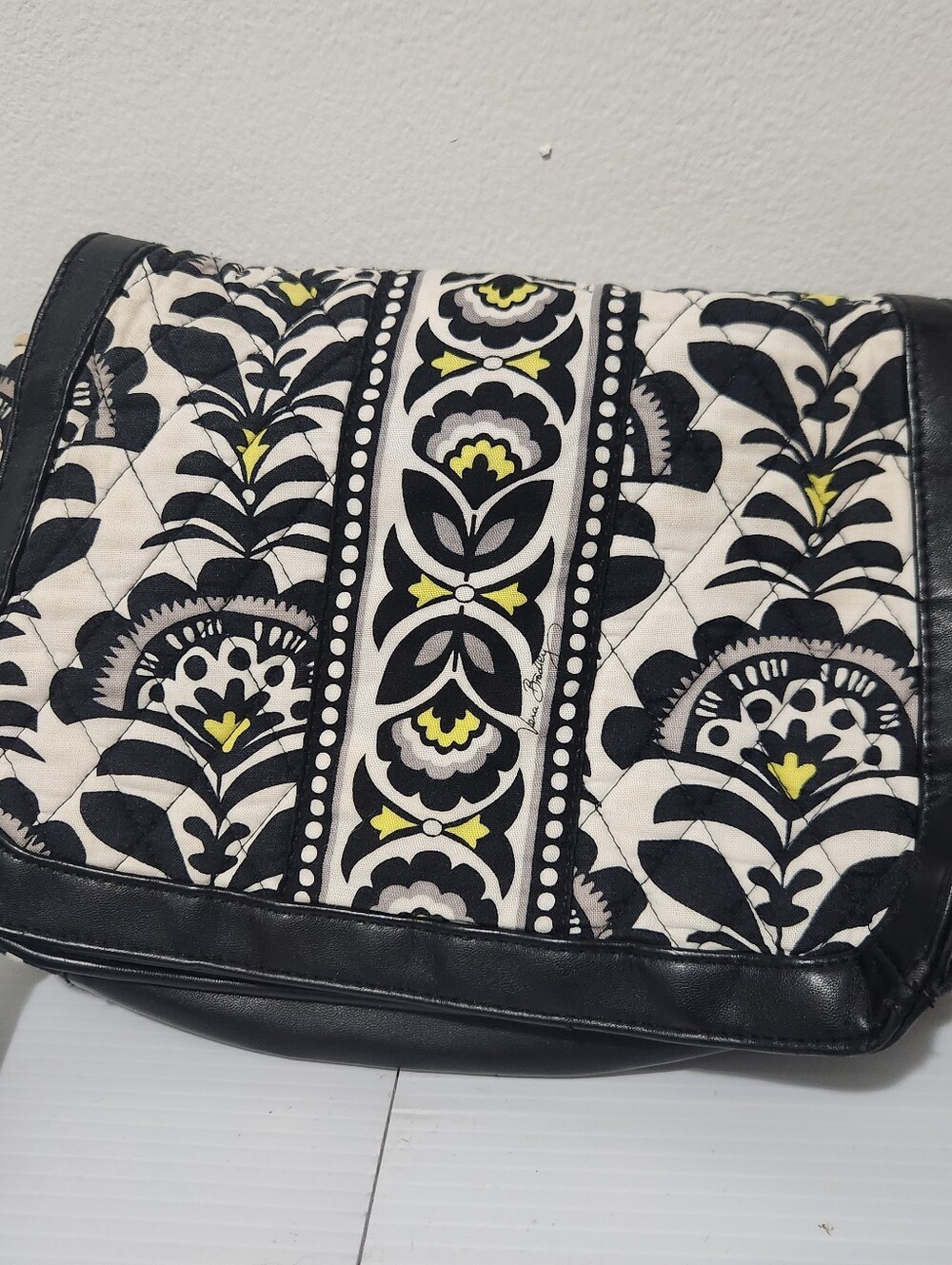 Vera Bradley Quilted Black & White Floral Crossbody Bag with Yellow Accents